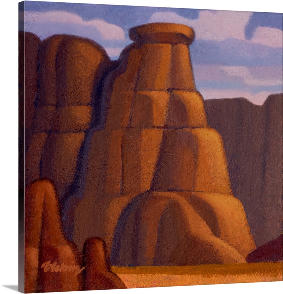 Landscape painting of red rock canyon and cliffs.