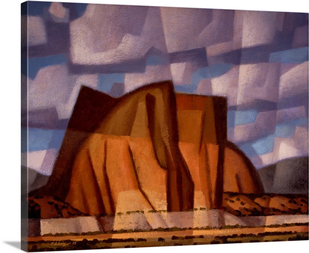 Contemporary painting of Citadel Butte, an American Southwest desert scene in a cubist style with large billowing pink and...