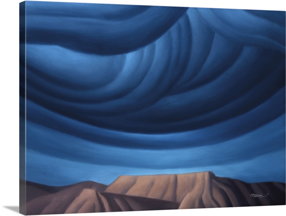 Modernist landscape painting of cobalt blue clouds forming over a mountainous rock formation.
