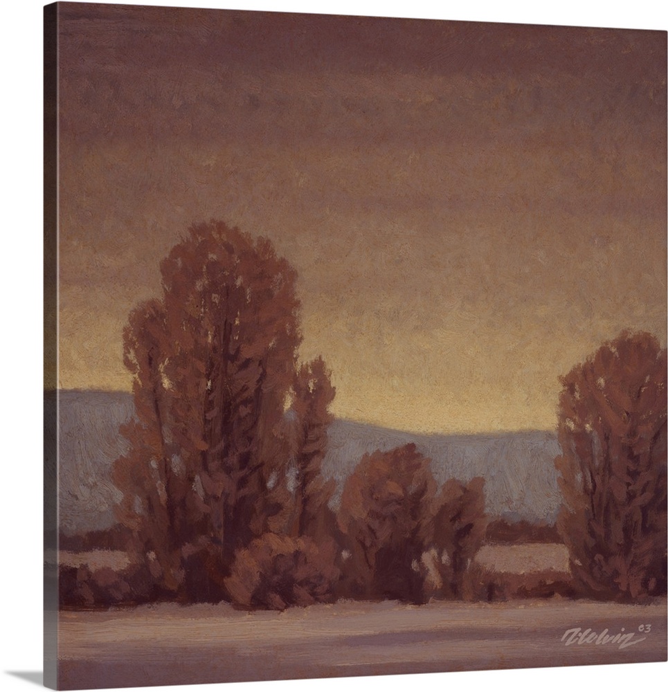 Landscape painting of trees in a tonalist winter setting.