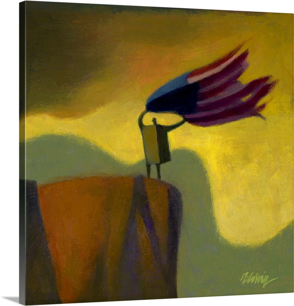 Acrylic painting of a man on the edge of a cliff waving a torn American flag.