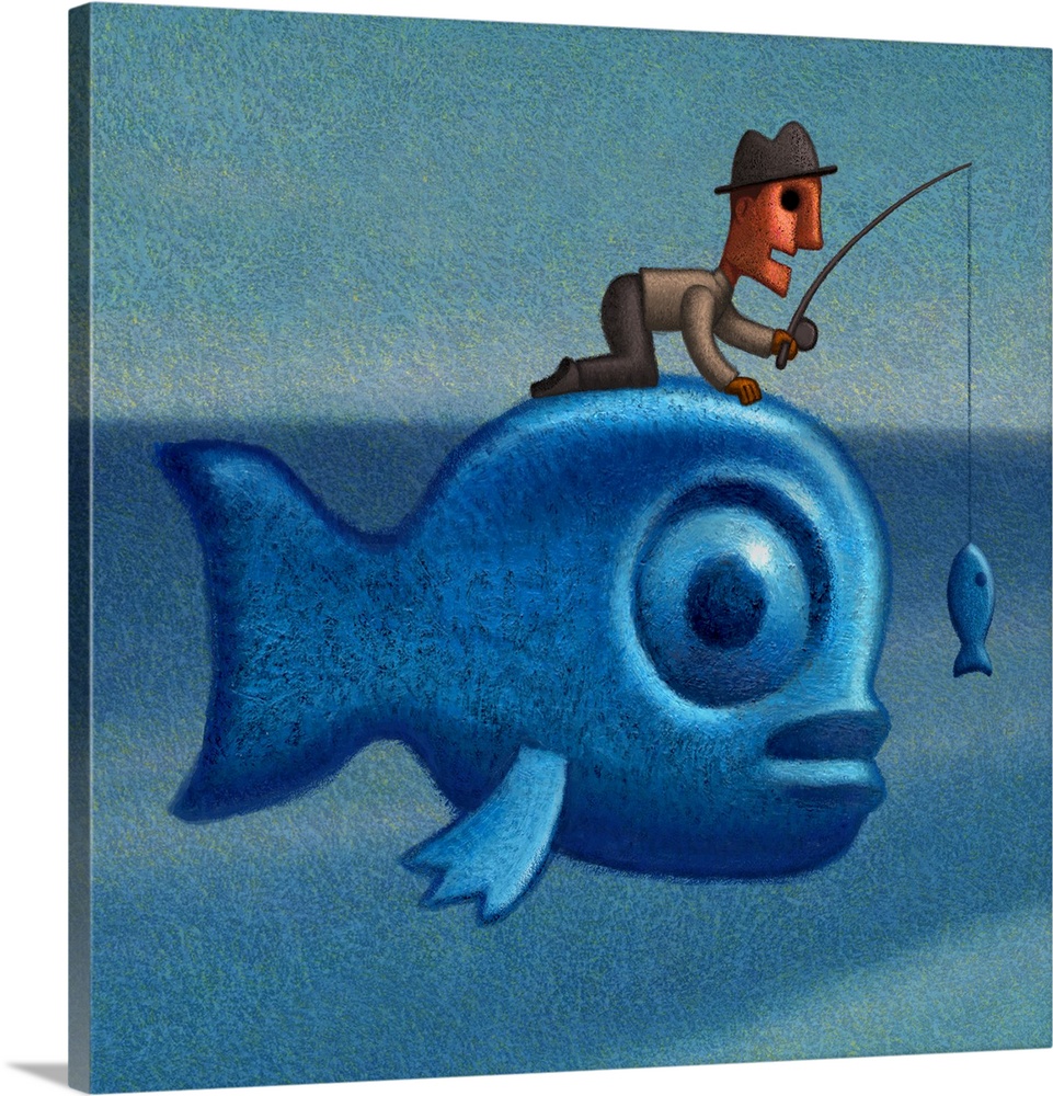 Digital painting of a man on a giant fish with big plans. Be careful what you wish for.