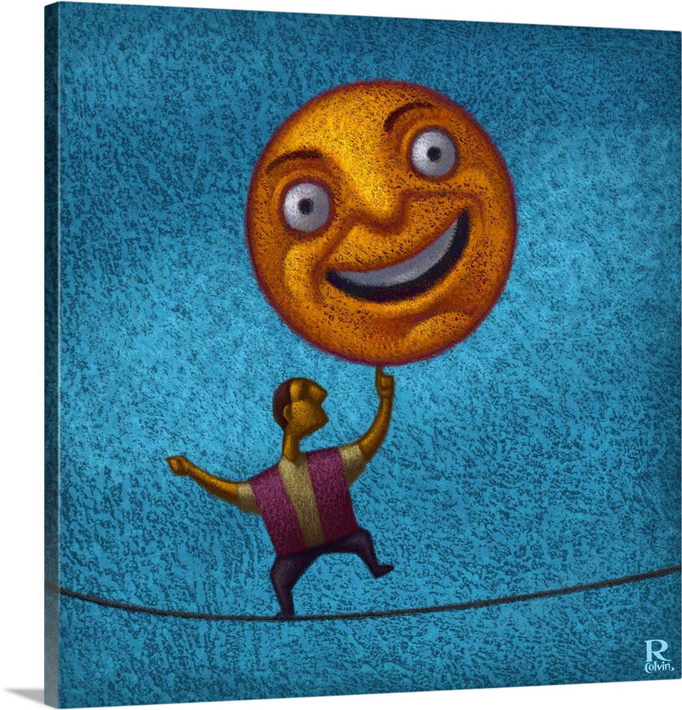 Digital illustration of a man balancing a happy face sun.