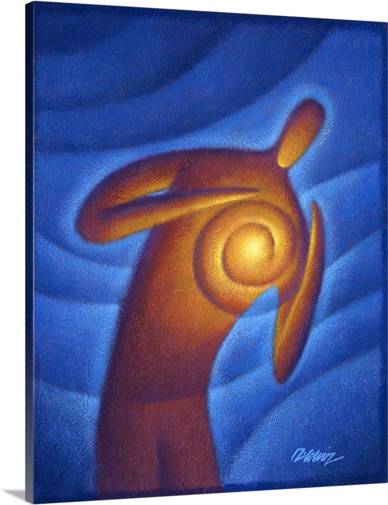 Artistic painting of a human figure holding a ball of fire in his heart.