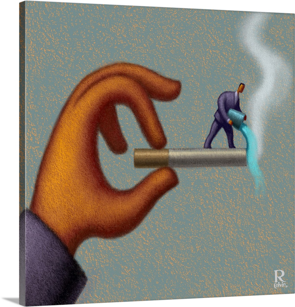 Conceptual painting of a small man on the end of a cigarette dowsing it with water.