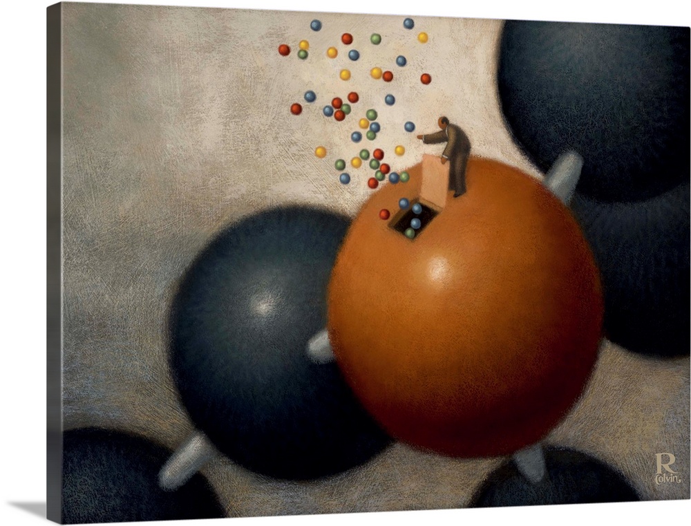 Conceptual painting of a small man opening a door on a molecule letting out more particles.