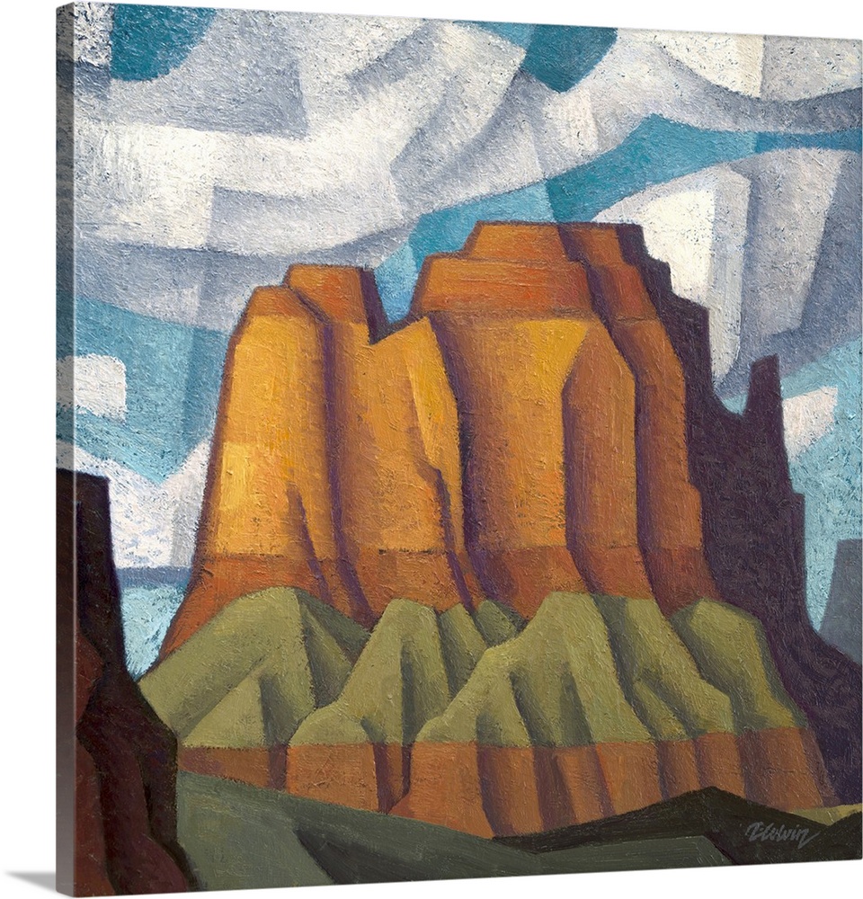 Landscape painting of Potash Butte. Based on a red rock formation in southern Utah. Painted in a modernist cubist style wi...