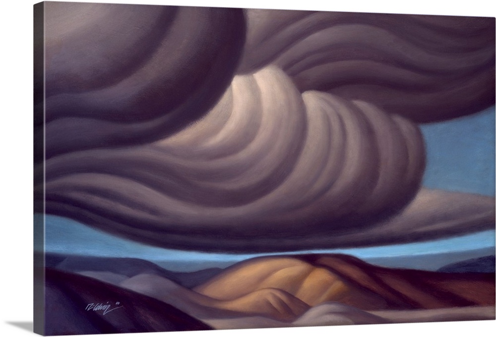 Landscape painting of rolling clouds over a desert landscape.
