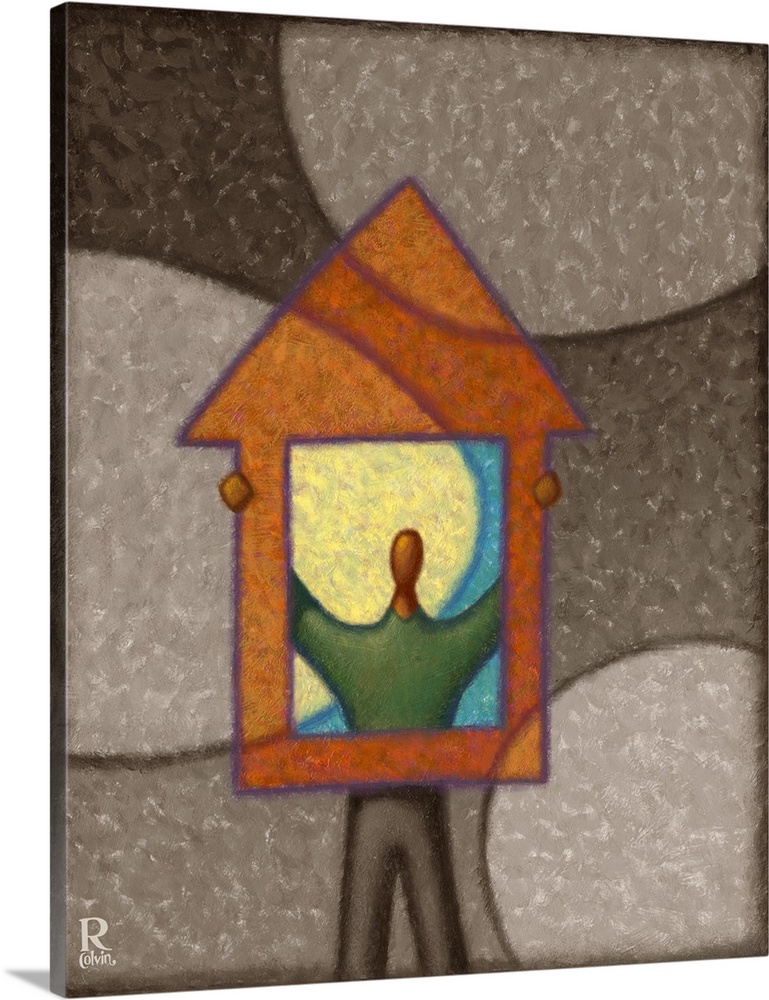 Contemporary artwork of a faceless man holding up a house and shining through the window.