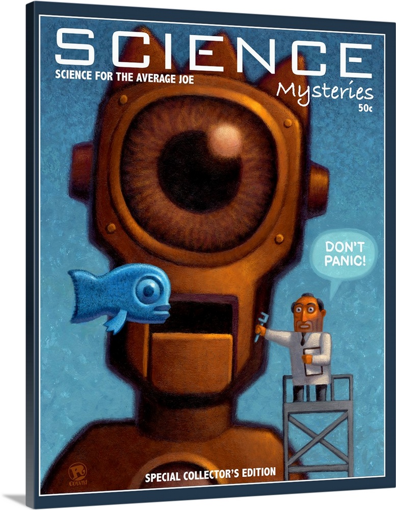Science Mysteries cover featuring a giant robot and the mad scientist who created him. Also, a flying fish.