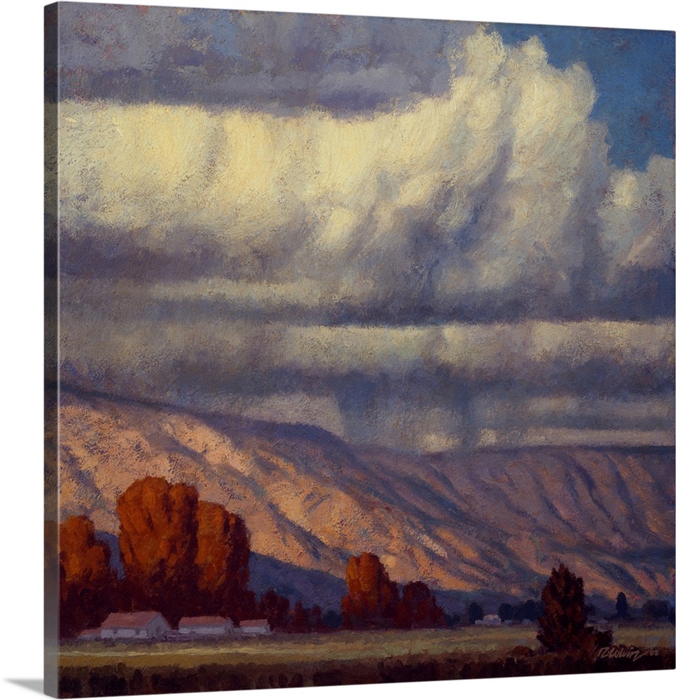 Landscape painting of a mountain valley with the rain clouds of September.