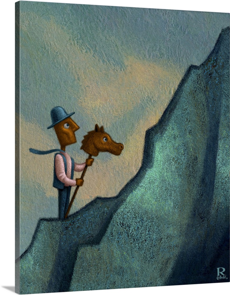 With the right tools you can accomplish most anything. Conceptual painting of a man riding a toy horse up a mountain.