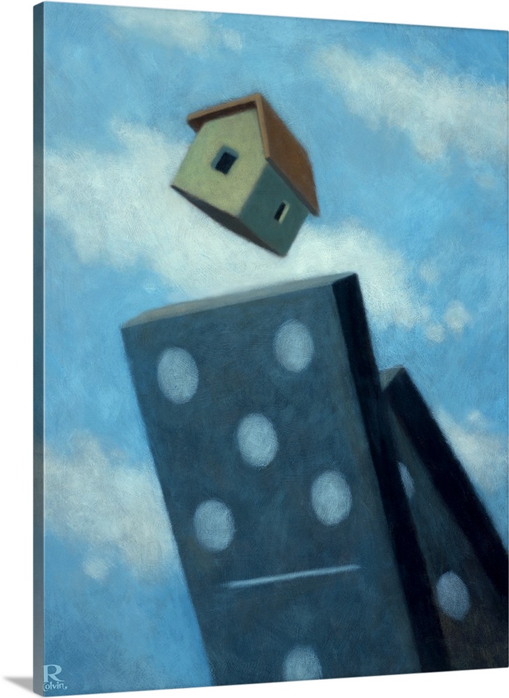 Contemporary painting of dominoes tumbling over and a house falling off the top.
