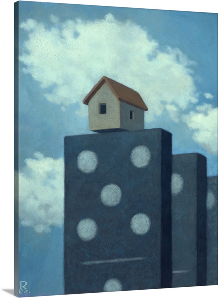 Conceptual painting of large dominoes with a house on top.