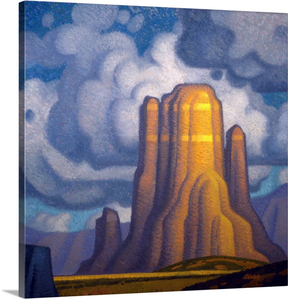 Landscape painting of red rock with looming clouds.