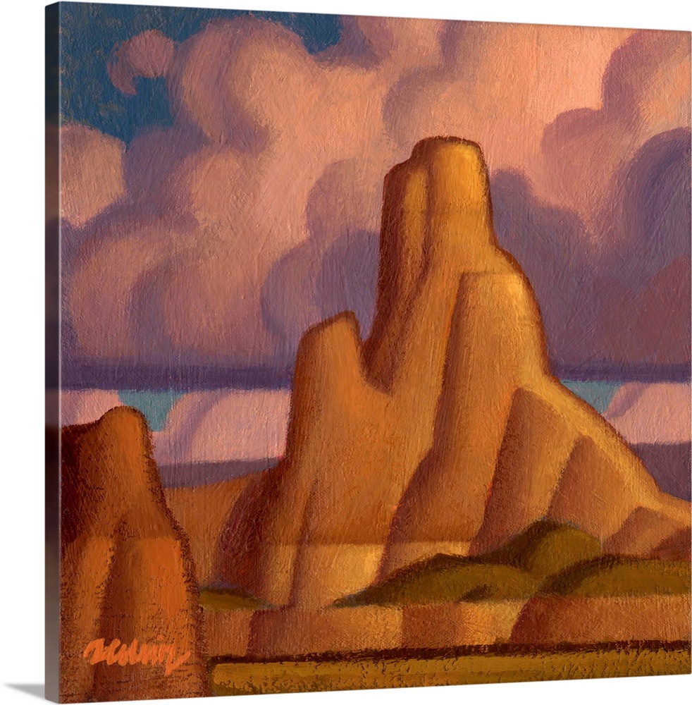 Square landscape painting of large canyons with pink fluffy clouds above.