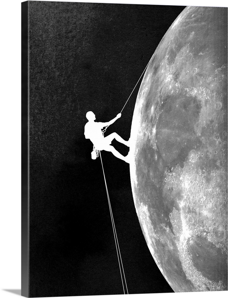 Contemporary artwork in black and white of a climber shown descending down the side of the moon.