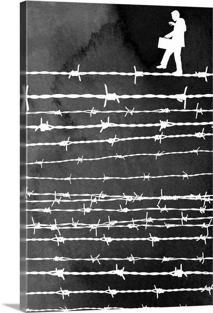 A figure of a man walks across a string of barb wire in this modern artwork.