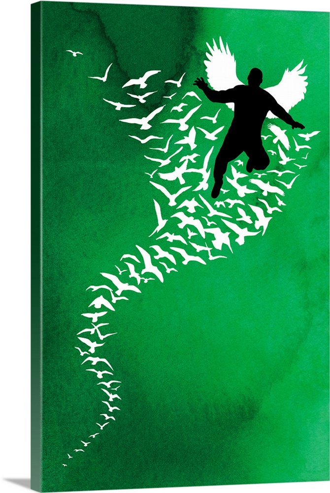 Vertical painting of a flock of birds flying upwards with the silhouette of a man with wings in front of them.