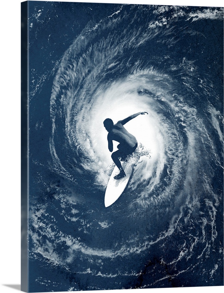 Big photo on canvas of a surfer on top of an image of a hurricane in the ocean.