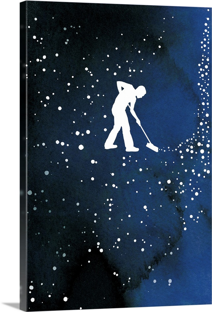 Contemporary illustration of silhouetted man with broom sweeping stars in the sky.