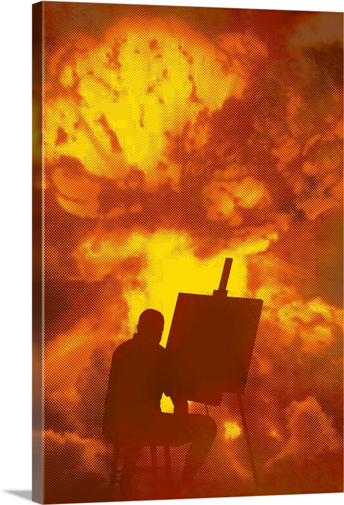 This vertical conceptual, contemporary art work shows an artist in front of an easel painting or drawing an atomic explosi...
