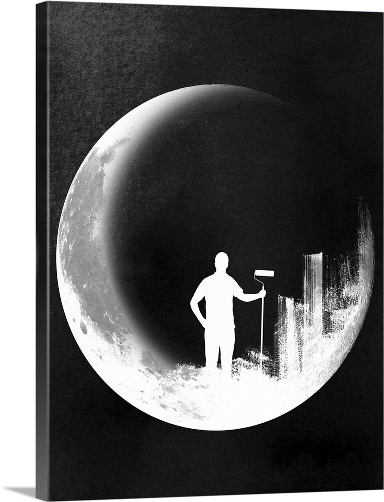 Contemporary silhouetted image of man inside of the moon with a paintbrush.