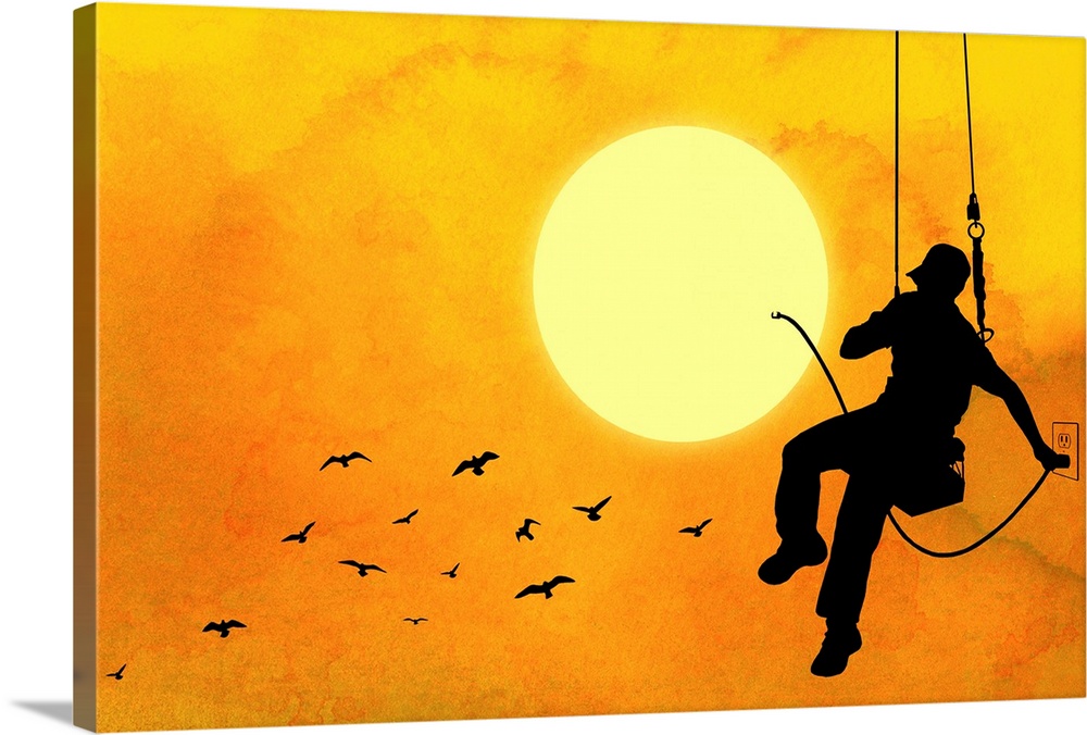 This conceptual, horizontal contemporary artwork shows a silhouetted workman hanging on a swing plugging in an electrical ...
