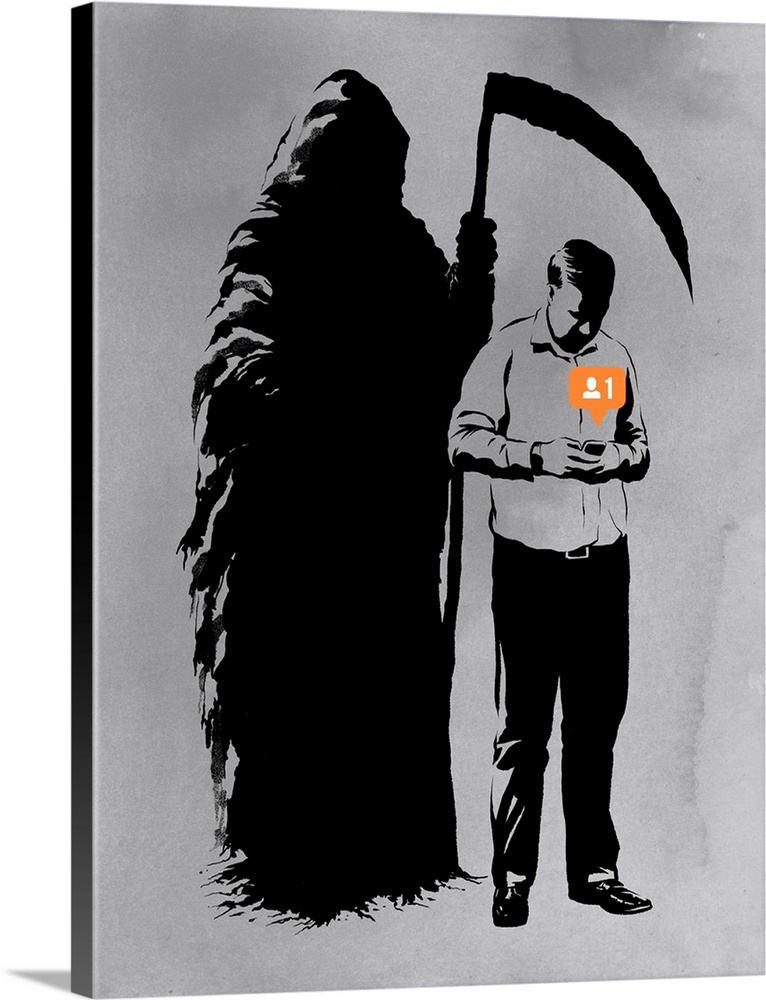 A man checking his phone to find a new follower on social media, presumable the Grim Reaper behind him.