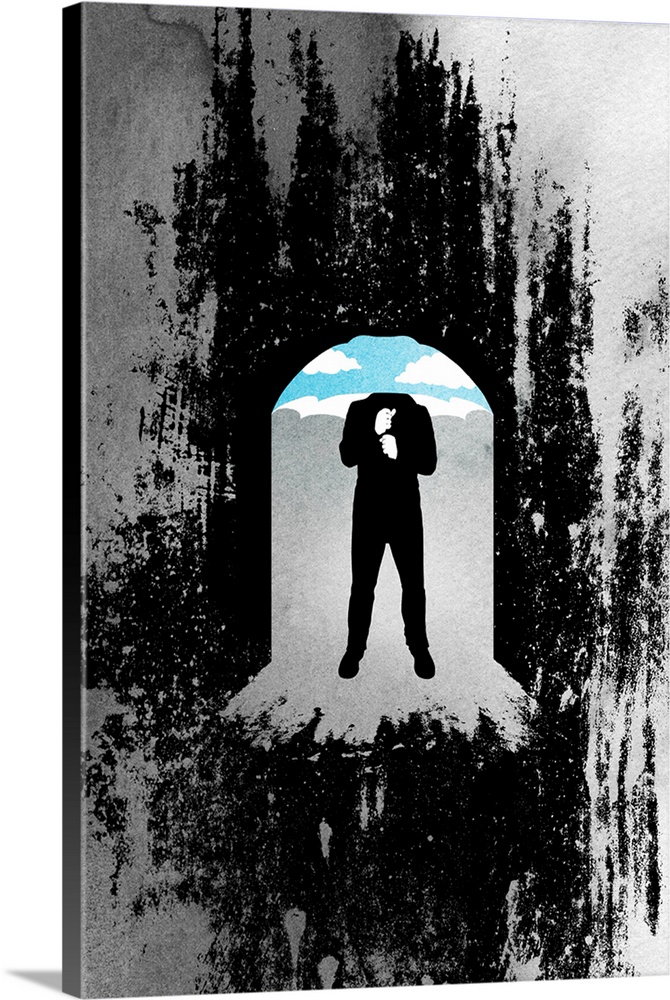 A headless person is drawn through a grim doorway with a blue sky and clouds just behind him.