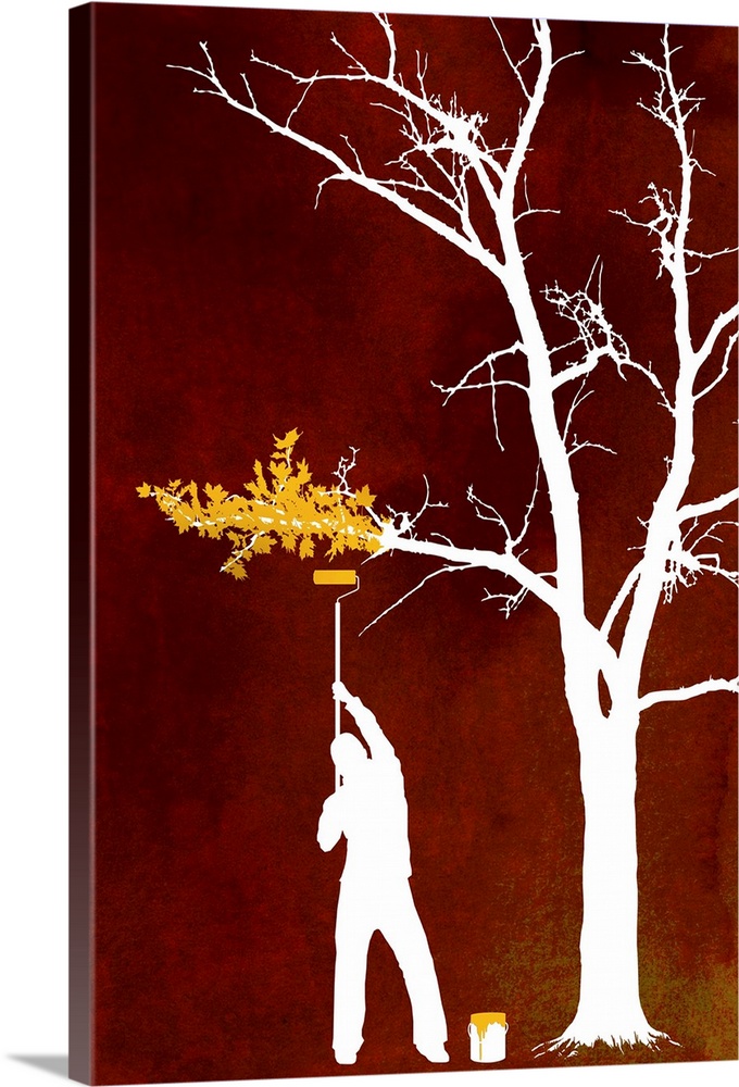 Contemporary painting of the silhouette of a man painting leaves on a bare tree with a warm textured background.