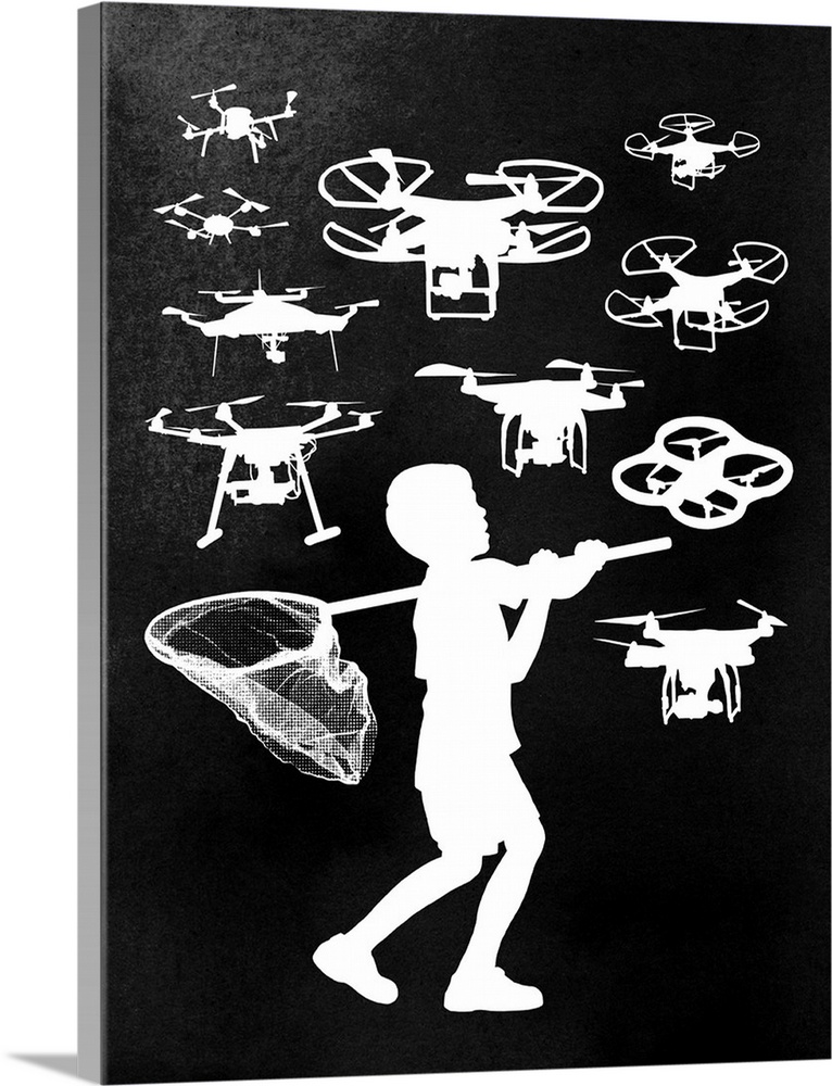 Silhouette of a boy with a large net trying to catch several drones flying around him.