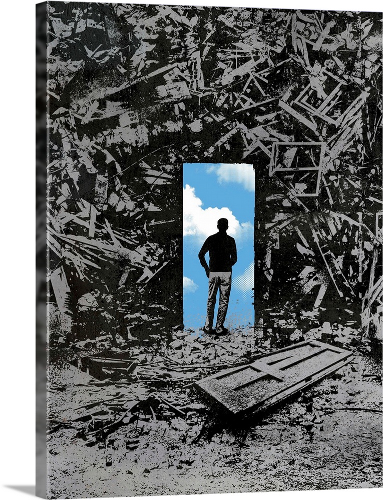 This conceptual illustration shows a silhouetted figure standing on a door way collaged over a junk yard and a discard doo...