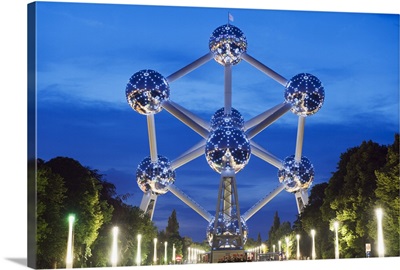 1958 World Fair, Atomium model of an iron molecule, at night, Brussels, Belgium