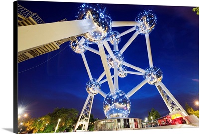 1958 World Fair, Atomium model of an iron molecule, at night, Brussels, Belgium