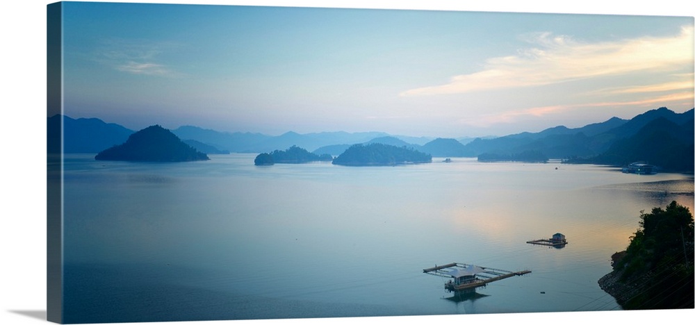 A calm view of southeast Qiandao Lake in Zhejiang province at dusk, Zhejiang, China