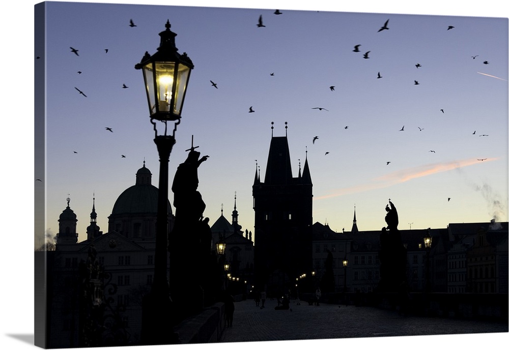 A flock of birds flies on the historical Charles Bridge on Vltava River at dawn, UNESCO World Heritage Site, Prague, Czech...