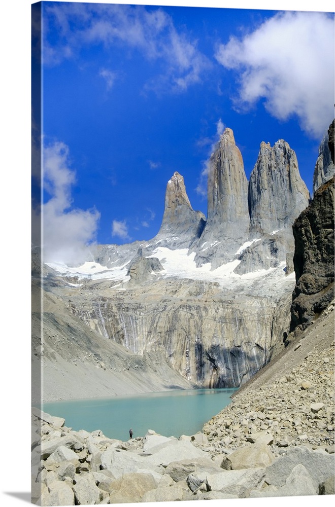 A glacial lake and the rock towers that give the Torres del Paine range its name, Torres del Paine National Park, Patagoni...