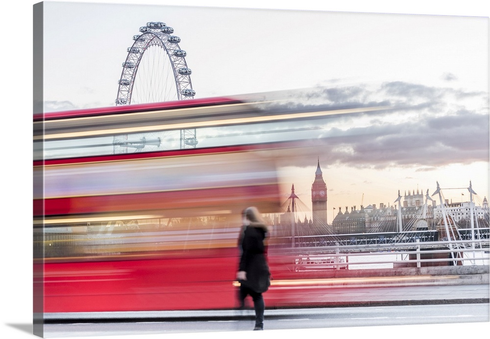 A lady crossing Waterloo Bridge with a bus passing between her, the London Eye and Big Ben, London, England, United Kingdo...