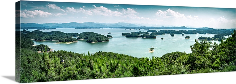 A panoramic view on the islands of Qiandaohu (Thousand Islands) Lake, Chunan, Zhejiang, China, Asia