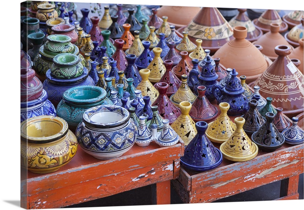 A street seller's wares, including tagines and clay pots near the Kasbah, Marrakesh, Morocco, North Africa, Africa.