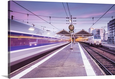 A TGV high speed train leaves the train station in Tours, Indre et Loire, Centre, France
