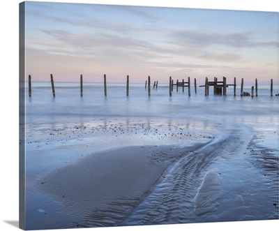 A view of the sea defences on the shoreline at Happisburgh, Norfolk, England
