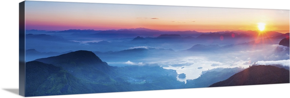 Adams Peak (Sri Pada) view at sunrise, mountains and the Maussakele Reservoir, Central Highlands, Sri Lanka, Asia.