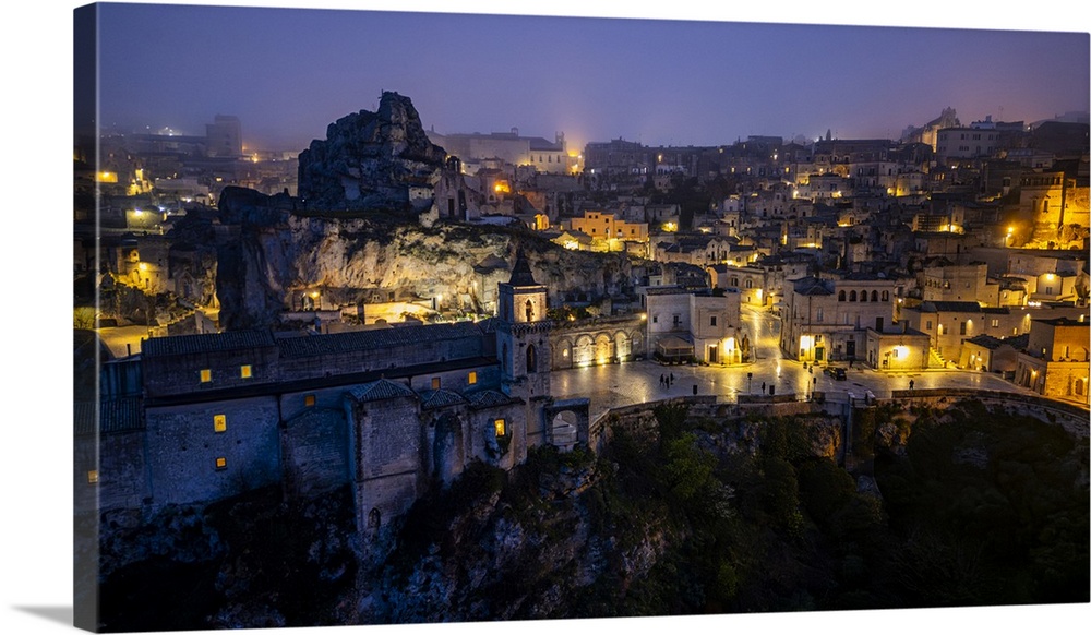 Aerial of Sassi di Matera at night, UNESCO World Heritage Site, Basilicata, Italy, Europe