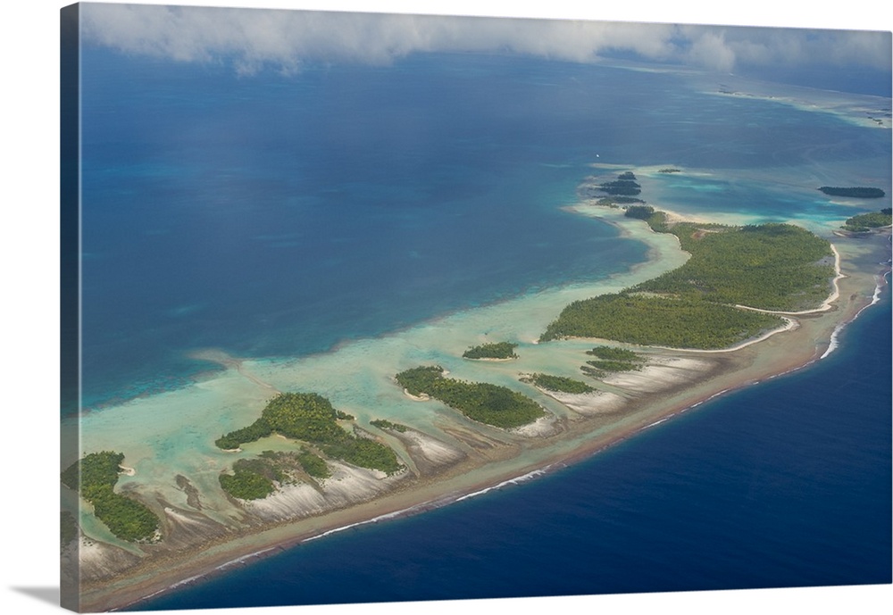 Aerial of the blue lagoon in Rangiroa, Tuamotus, French Polynesia