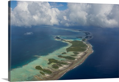 Aerial of the blue lagoon in Rangiroa, Tuamotus, French Polynesia