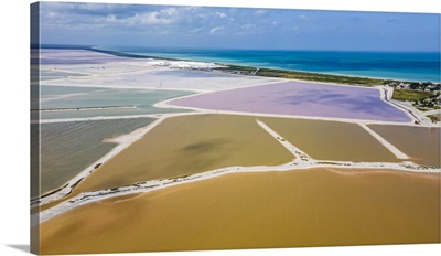 Aerial Of The Colourful Salinas Of Las Coloradas, Yucatan, Mexico