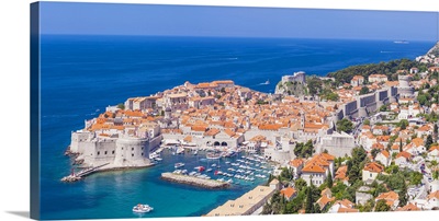 Aerial panorama of Old Port and Dubrovnik Old town, Dubrovnik, Dalmatian Coast, Croatia
