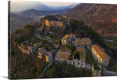 Aerial The Medieval Castle Of Vicalvi With Red Cross Painted On The Wall, Italy